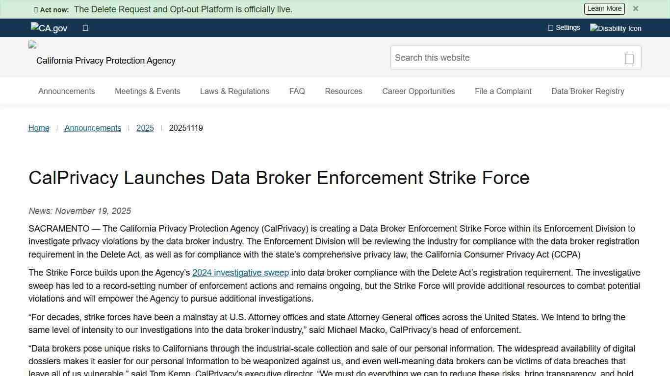 CalPrivacy Launches Data Broker Enforcement Strike Force